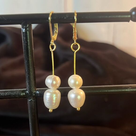 9-10mm Double Pearl Bar Dangle Earrings 14Yg/ 925 silver - Picture 3 of 7